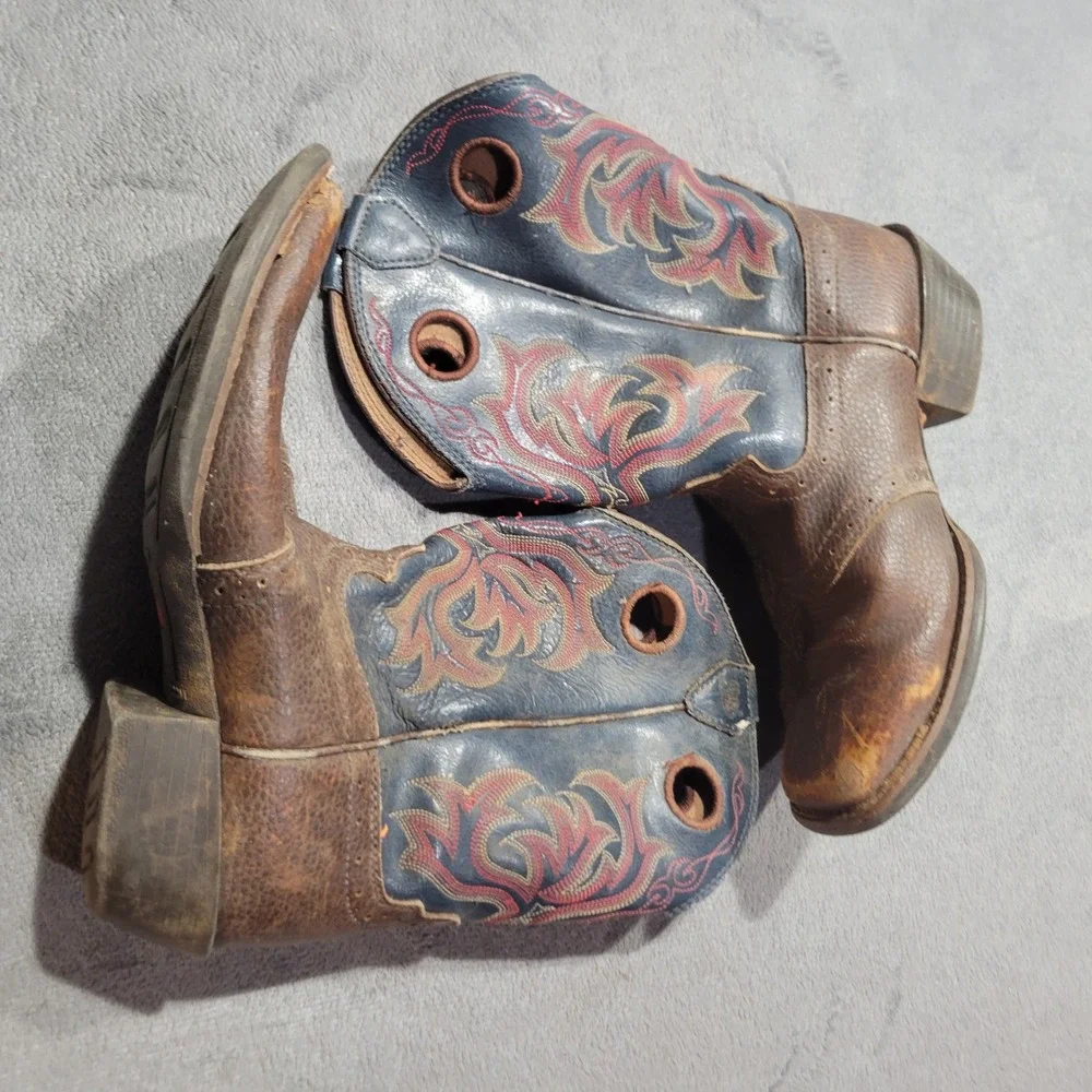Justin Cowboy‎ Boots Kids 4D Brown Blue 2520JR Square Toe Western Leather Rodeo